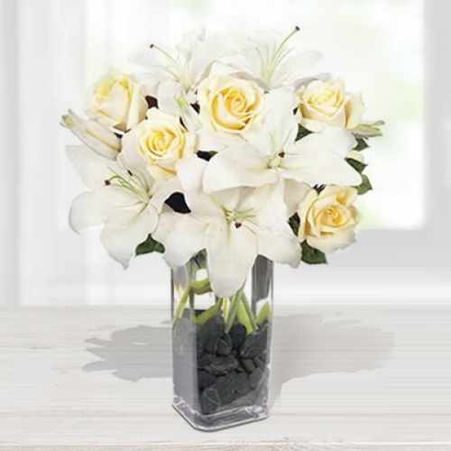White Rose And Oriental Lily In A Vase