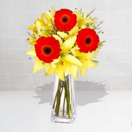 Lily And Gerberas In Square Vase
