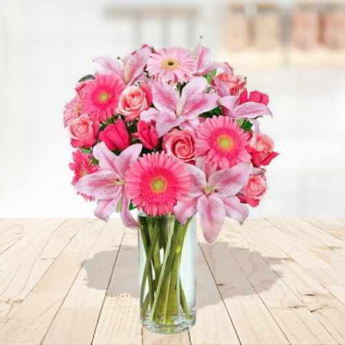 Pink Rose Gerberas N Red Lily In Vase