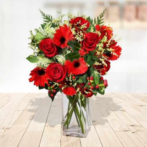 Red Rose And Gerbera In Vase