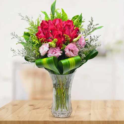 24 Red Rose N Carnation In Vase