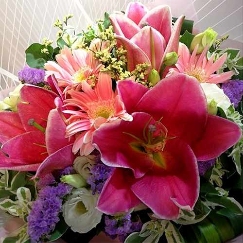 Red Lilies N Pink Gerberas Bouquet