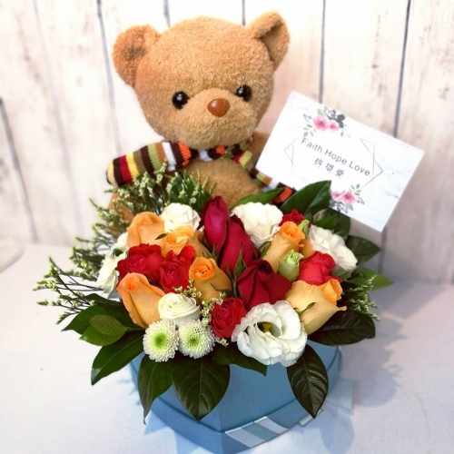 12 Mixed Rose With A Cute Brown Teddy