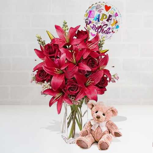 Red Rose And Red Lily With Teddy And Balloon