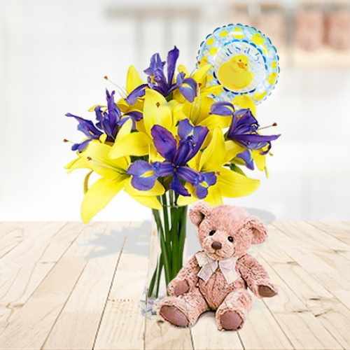 Iris And Lily In A Vase With Teddy And Helium Balloon