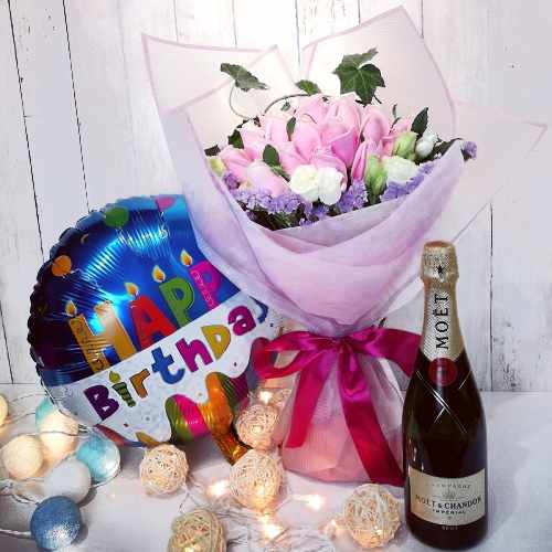 18 Pink Rose With Birthday Balloon And Champagne