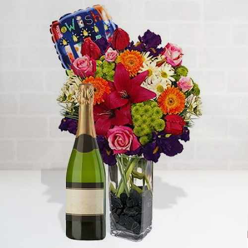 Mixed Flowers With Wine N Balloon