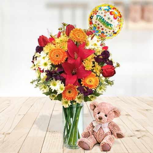 Mixed Flowers With Teddy And Balloon