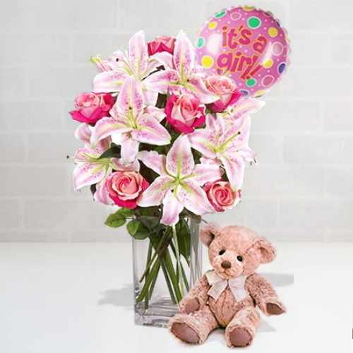 Pink Roses And Lilies With Teddy And Balloon