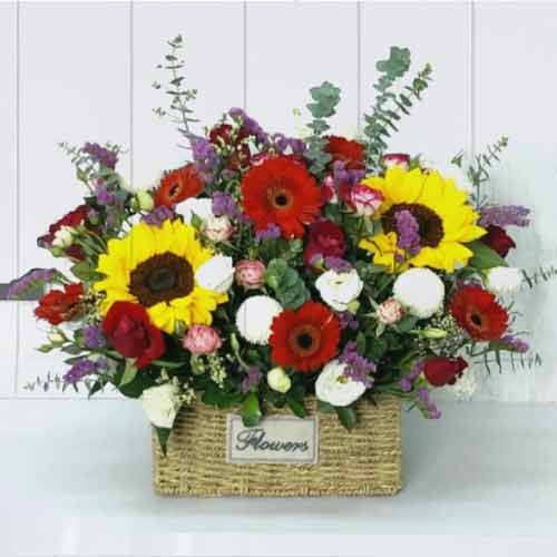 Gerbera Iris N Sunflower Basket