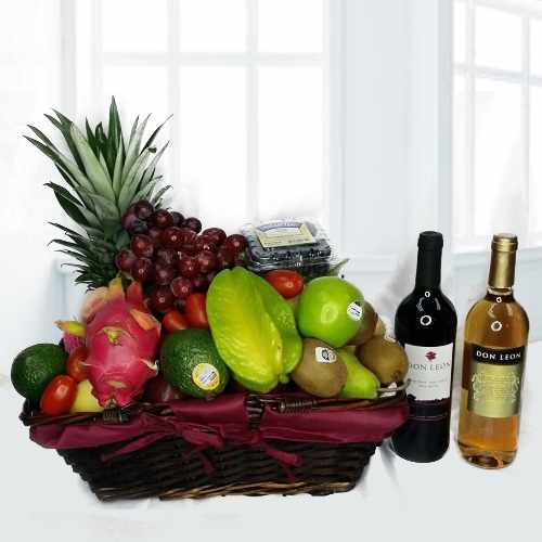 Fruits Hamper With Red And White Wine