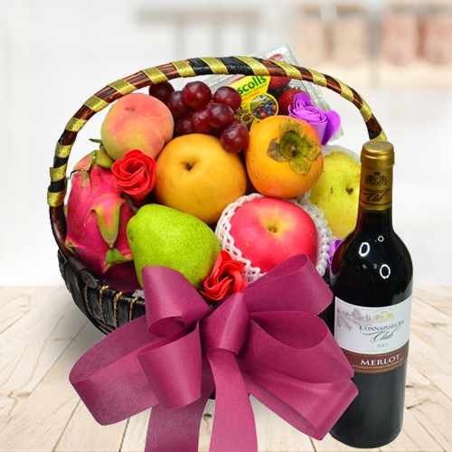 Mid Autumn Fruits Hamper With Red Wine
