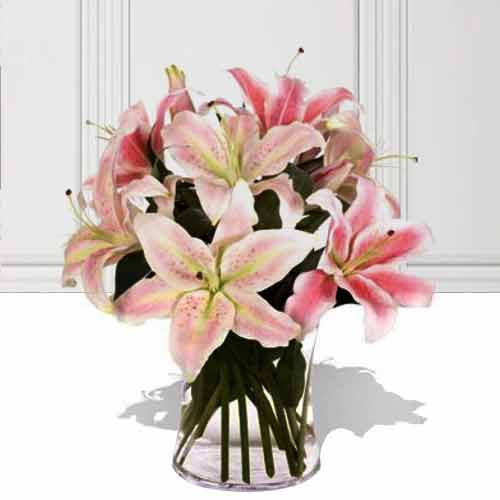 4 Red Oriental Lilies In Vase