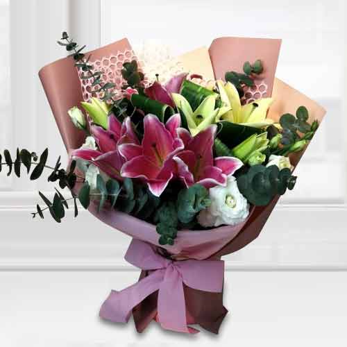Bouquet Of Pink And White Lilies