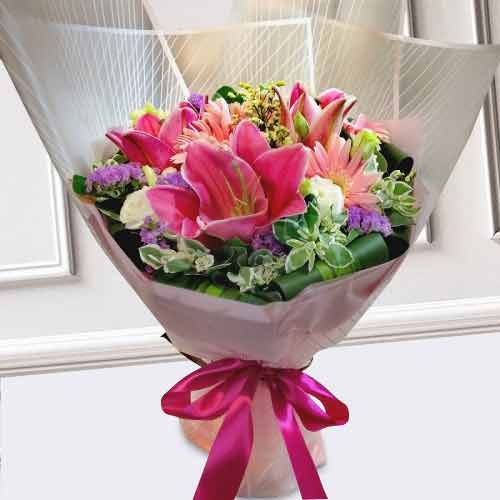 Red Lily N Pink Gerbera Bouquet