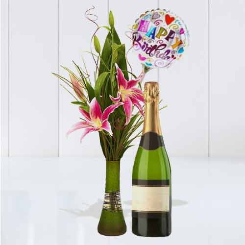 Oriental Lily With Wine N Birthday Balloon