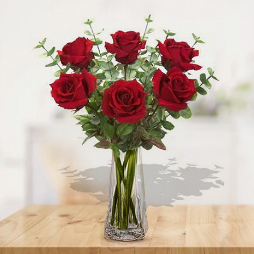 6 Elegant Premium Red Rose In Vase